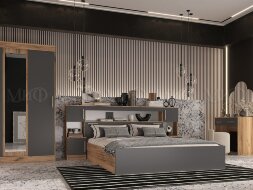Кровать двуспальная с надстройкой с тумбами Бася, графит/дуб крафт 